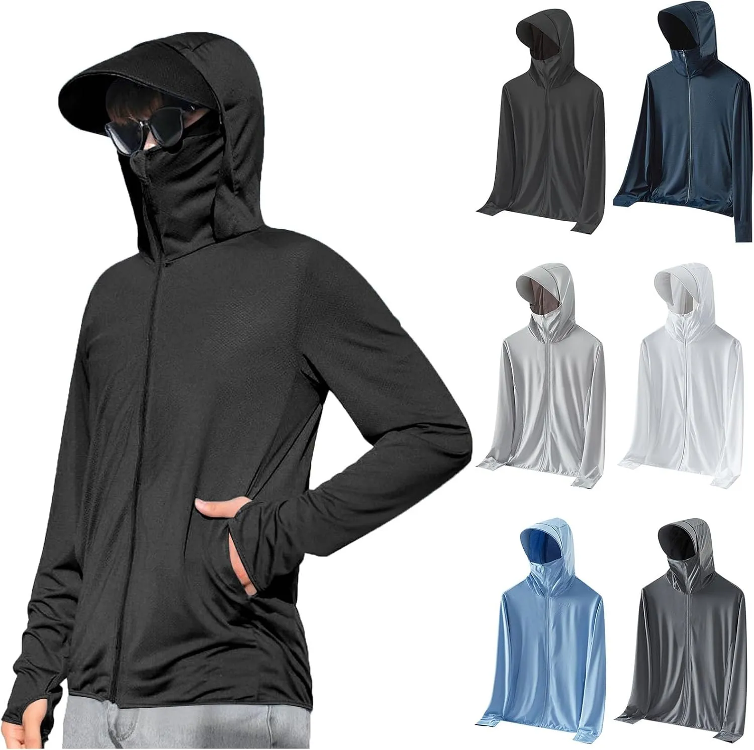 Unisex UPF 50  Sun Protection Hoodie Jackets Full Zip Long Sleeve Active Shirts Outwear For Outdoor Hiking Running
