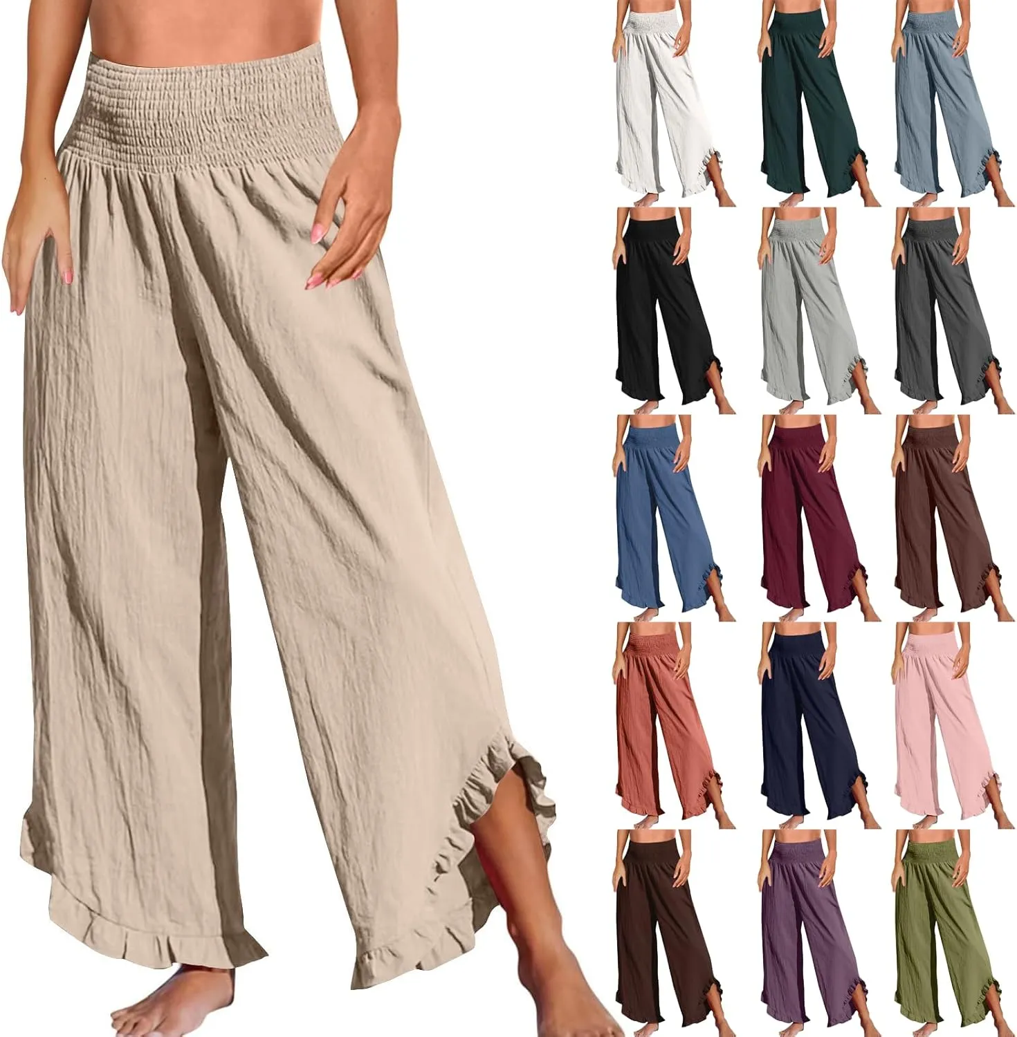 Wide Leg Linen Pants for Women Smocked High Waisted Ruffle Hem Flowy Palazzo Pants Loose Beach Trousers with Pockets