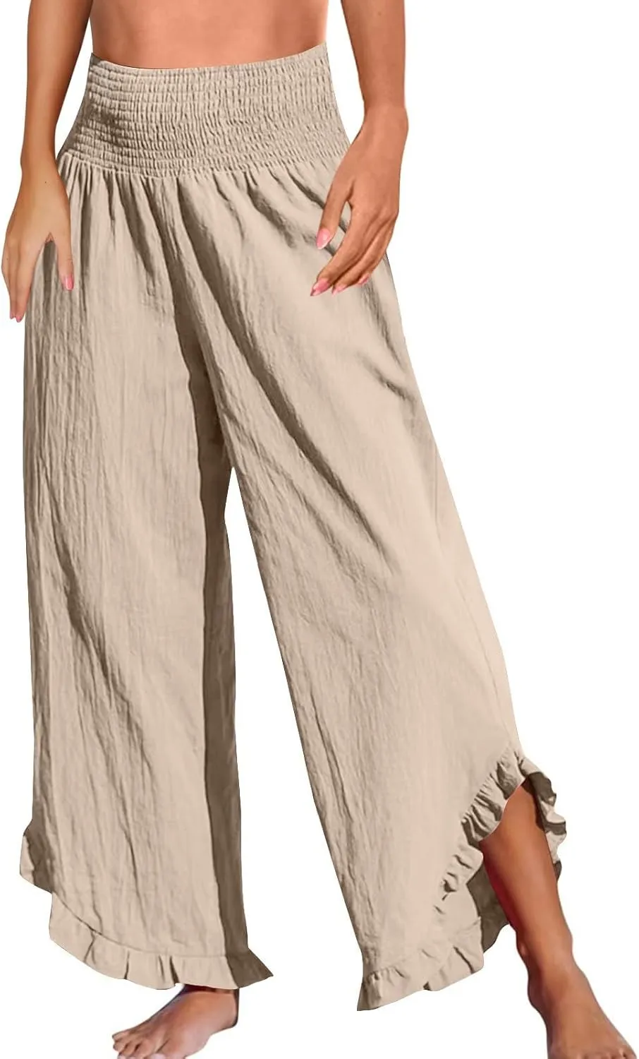 Wide Leg Linen Pants for Women Smocked High Waisted Ruffle Hem Flowy Palazzo Pants Loose Beach Trousers with Pockets