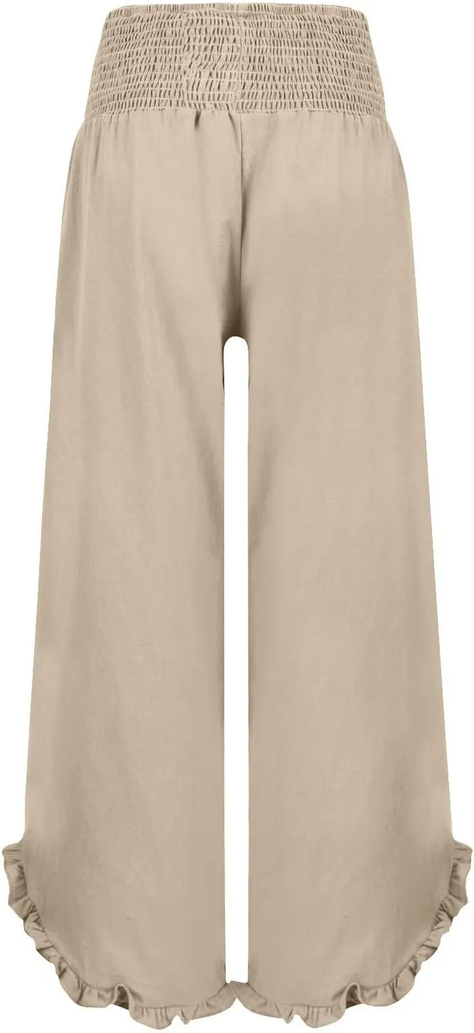Wide Leg Linen Pants for Women Smocked High Waisted Ruffle Hem Flowy Palazzo Pants Loose Beach Trousers with Pockets