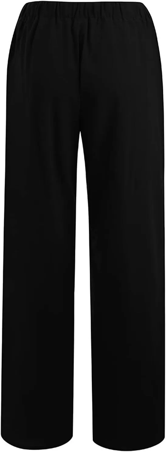 Wide Leg Linen Pants Women Loose Fit High Waist Summer Cotton Linen Pant with Pocket Drawstring Casual Lounge Trousers