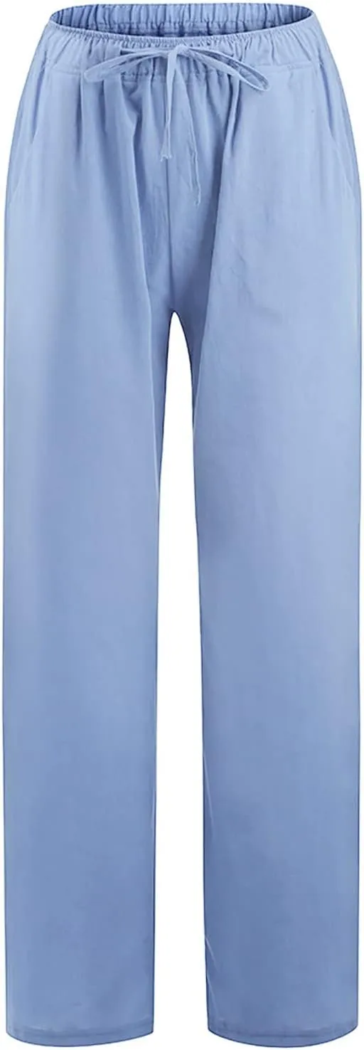 Wide Leg Linen Pants Women Loose Fit High Waist Summer Cotton Linen Pant with Pocket Drawstring Casual Lounge Trousers