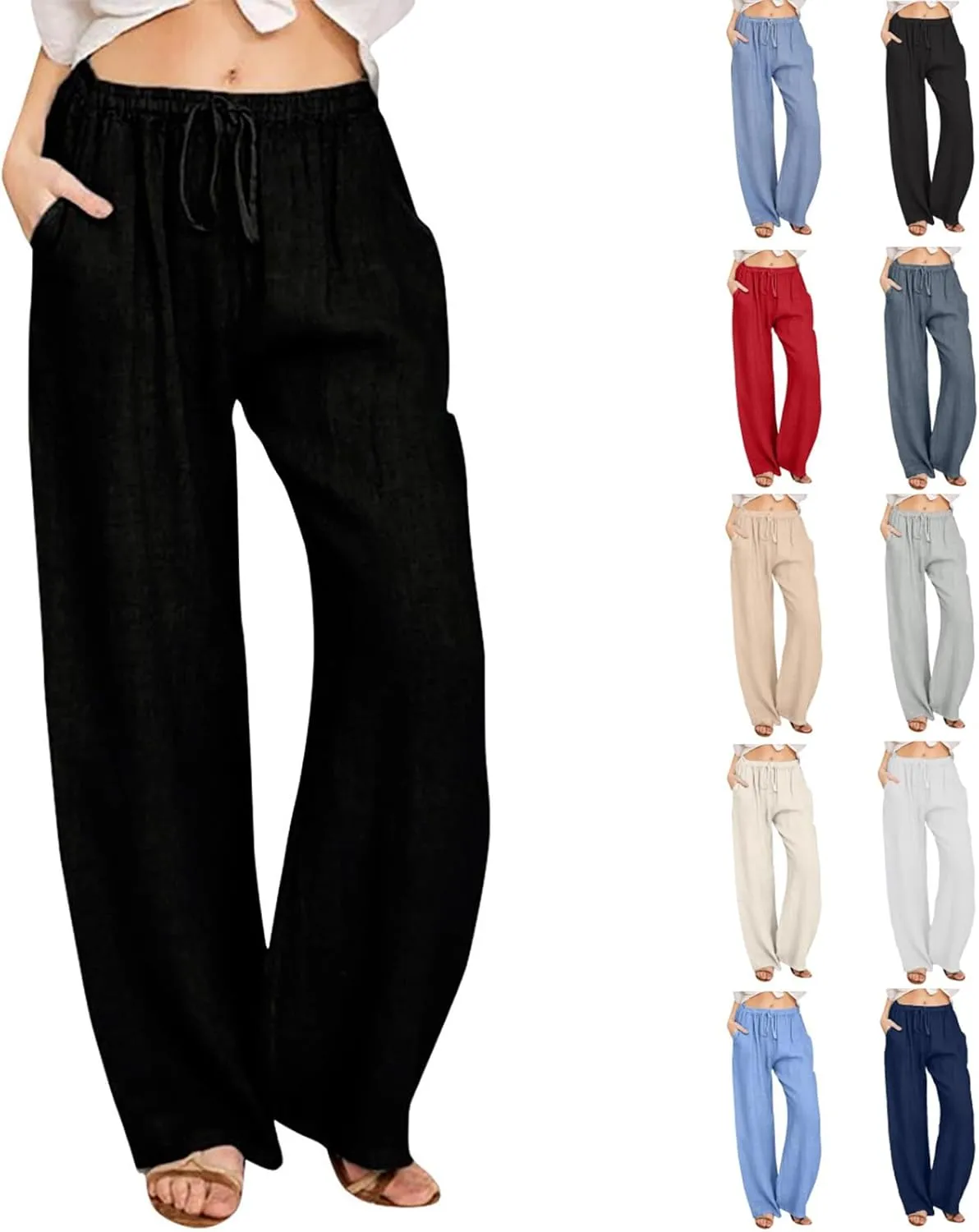 Wide Leg Linen Pants Women Loose Fit High Waist Summer Cotton Linen Pant with Pocket Drawstring Casual Lounge Trousers