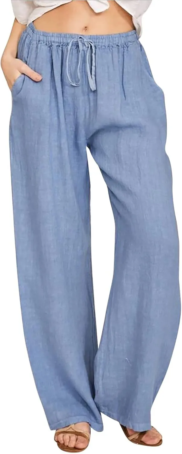 Wide Leg Linen Pants Women Loose Fit High Waist Summer Cotton Linen Pant with Pocket Drawstring Casual Lounge Trousers