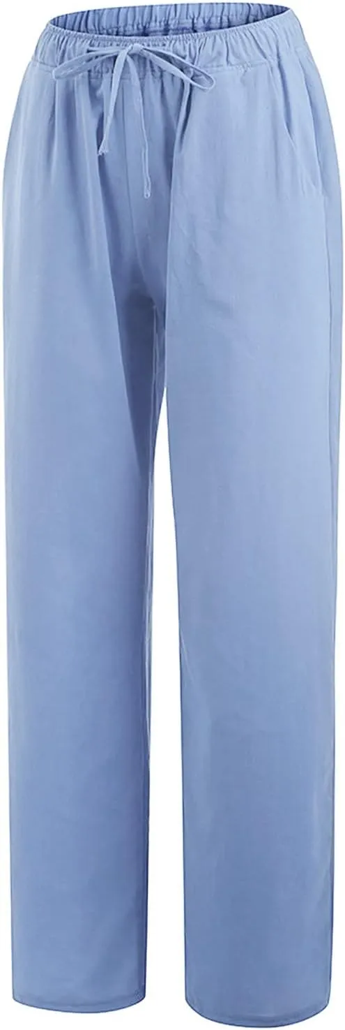 Wide Leg Linen Pants Women Loose Fit High Waist Summer Cotton Linen Pant with Pocket Drawstring Casual Lounge Trousers