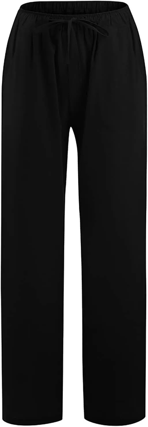 Wide Leg Linen Pants Women Loose Fit High Waist Summer Cotton Linen Pant with Pocket Drawstring Casual Lounge Trousers