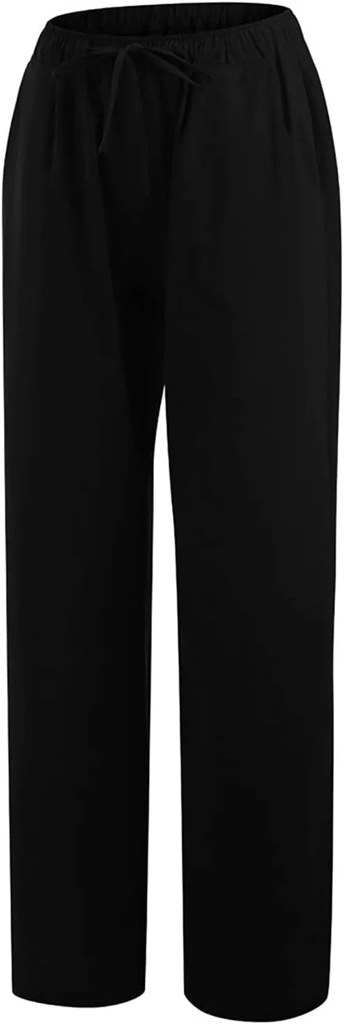 Wide Leg Linen Pants Women Loose Fit High Waist Summer Cotton Linen Pant with Pocket Drawstring Casual Lounge Trousers