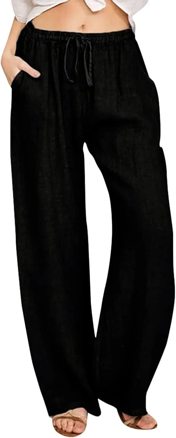 Wide Leg Linen Pants Women Loose Fit High Waist Summer Cotton Linen Pant with Pocket Drawstring Casual Lounge Trousers