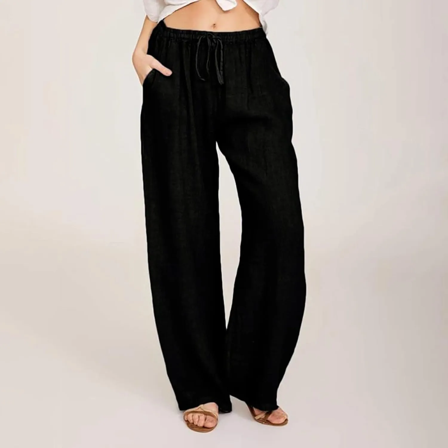 Wide Leg Linen Pants Women Loose Fit High Waist Summer Cotton Linen Pant with Pocket Drawstring Casual Lounge Trousers