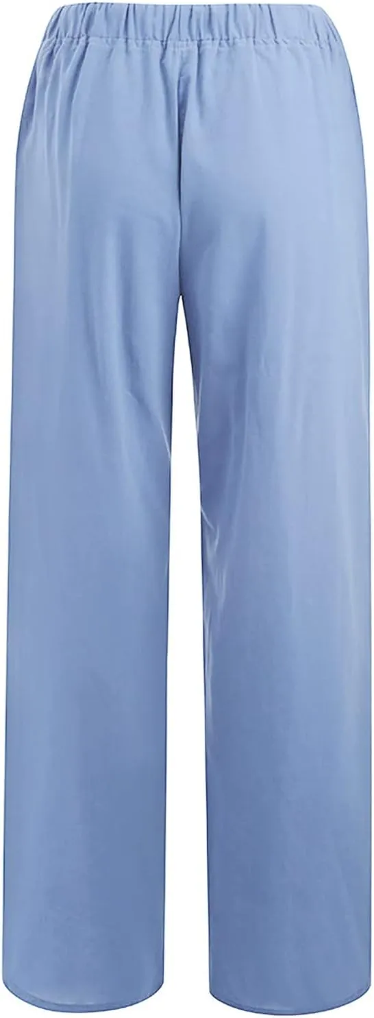 Wide Leg Linen Pants Women Loose Fit High Waist Summer Cotton Linen Pant with Pocket Drawstring Casual Lounge Trousers