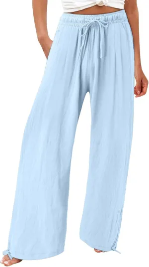Womens Cotton and Linen Palazzo Pants 2025 Summer Casual Wide Leg Pants Fashion Loose Beach Trousers with Pocket