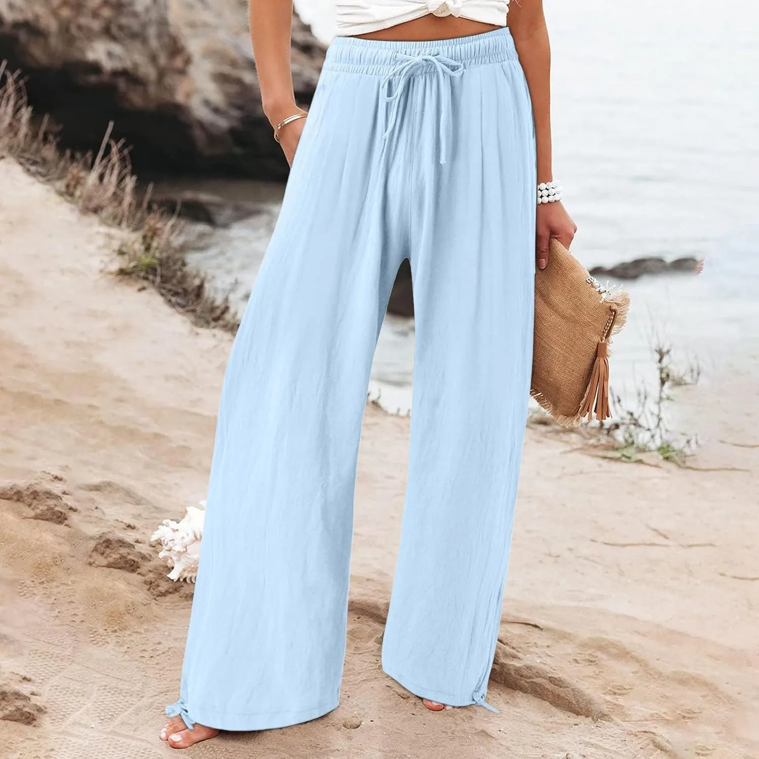 Womens Cotton and Linen Palazzo Pants 2025 Summer Casual Wide Leg Pants Fashion Loose Beach Trousers with Pocket