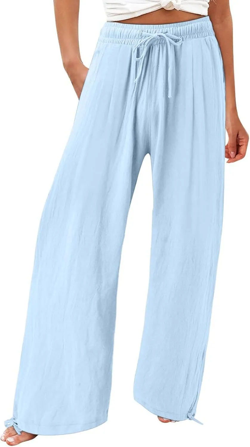 Womens Cotton and Linen Palazzo Pants 2025 Summer Casual Wide Leg Pants Fashion Loose Beach Trousers with Pocket