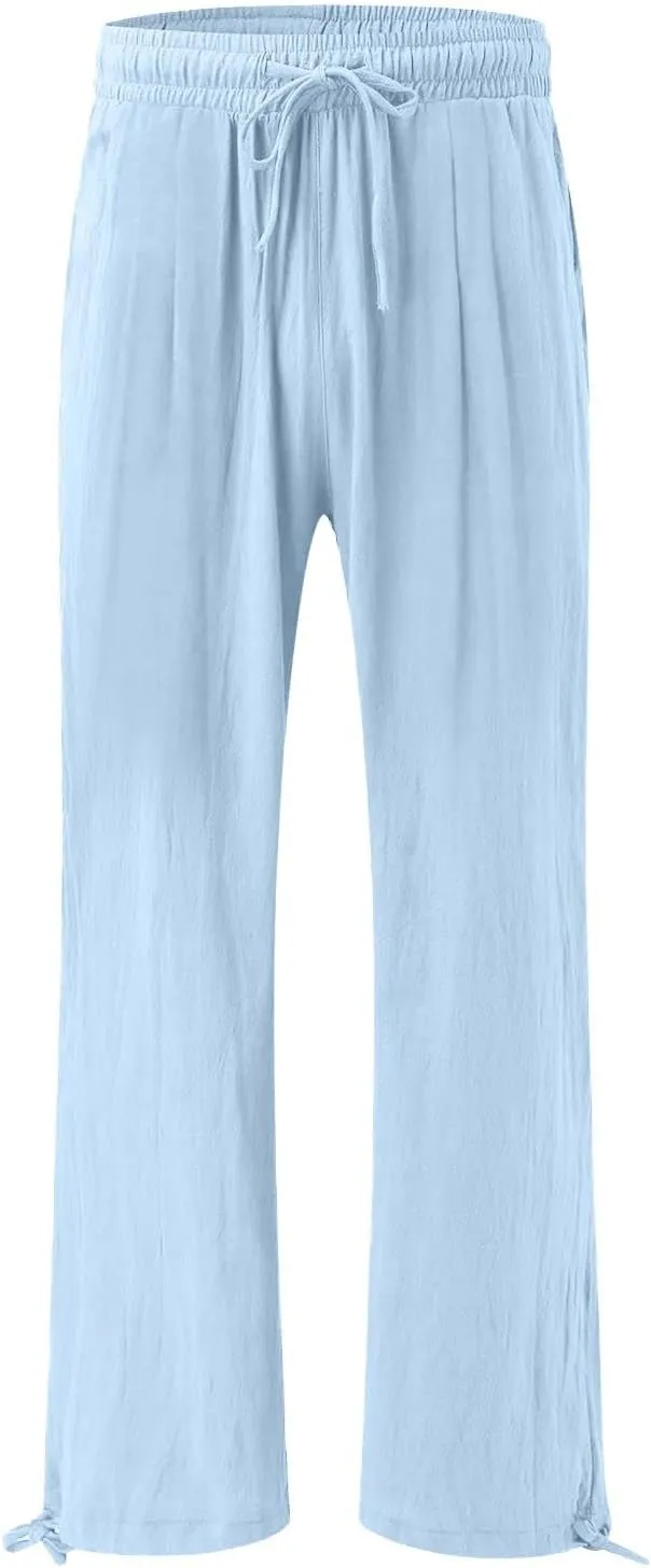Womens Cotton and Linen Palazzo Pants 2025 Summer Casual Wide Leg Pants Fashion Loose Beach Trousers with Pocket