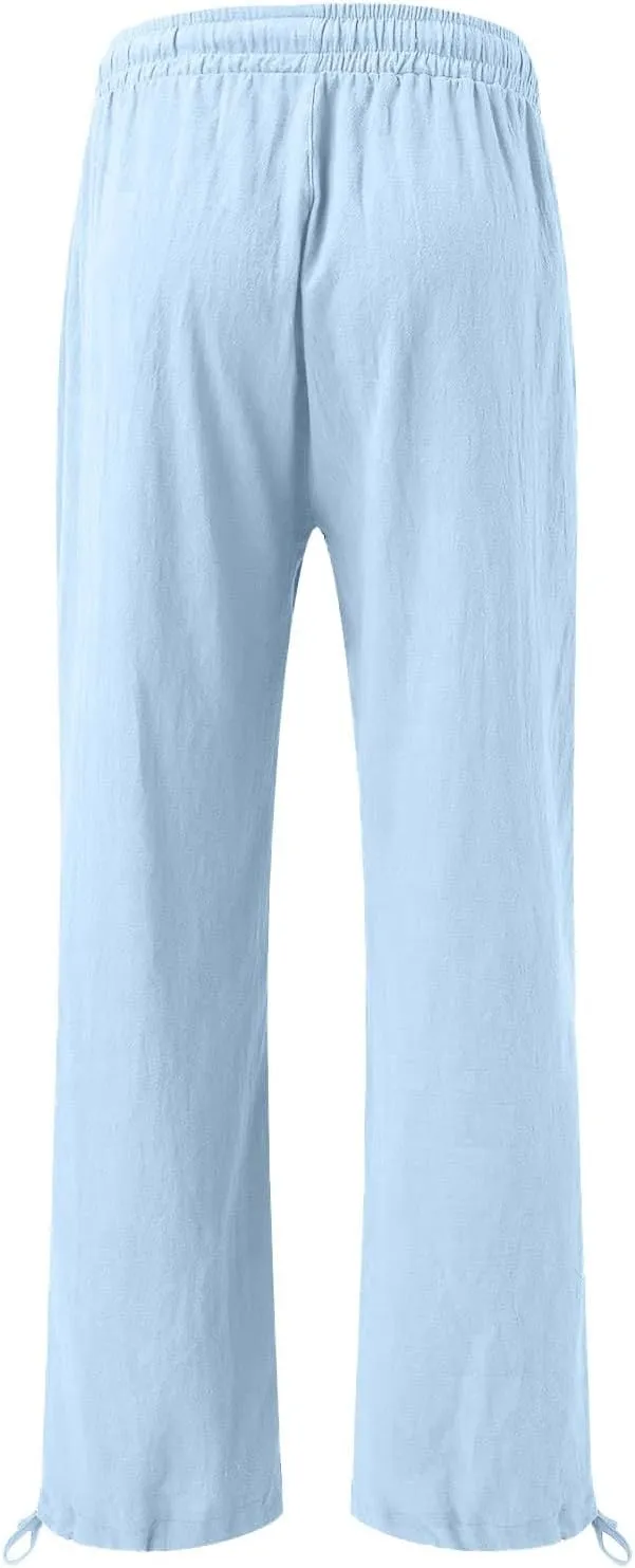 Womens Cotton and Linen Palazzo Pants 2025 Summer Casual Wide Leg Pants Fashion Loose Beach Trousers with Pocket