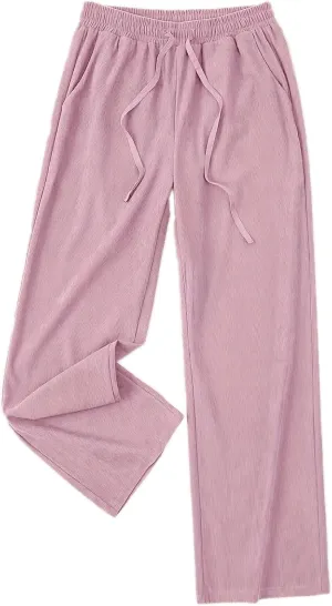 Womens Cotton Linen Straight Leg Pants High Waisted Drawstring Stretchy Business Work Casual Trousers with Pockets