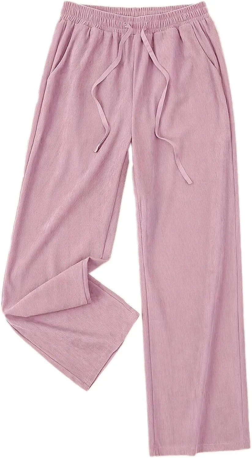 Womens Cotton Linen Straight Leg Pants High Waisted Drawstring Stretchy Business Work Casual Trousers with Pockets
