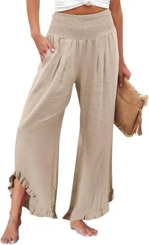 Women's Linen Palazzo Pants Summer Casual Vacation High Waist Wide Leg Trousers Trendy Lounge Pant with Pockets