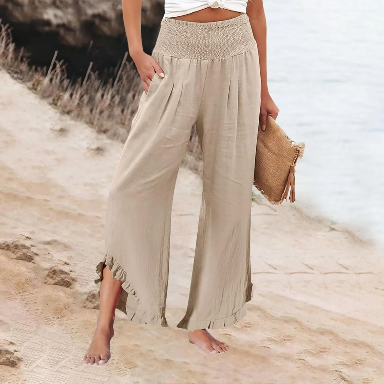 Women's Linen Palazzo Pants Summer Casual Vacation High Waist Wide Leg Trousers Trendy Lounge Pant with Pockets