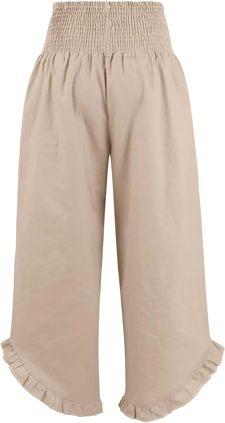 Women's Linen Palazzo Pants Summer Casual Vacation High Waist Wide Leg Trousers Trendy Lounge Pant with Pockets