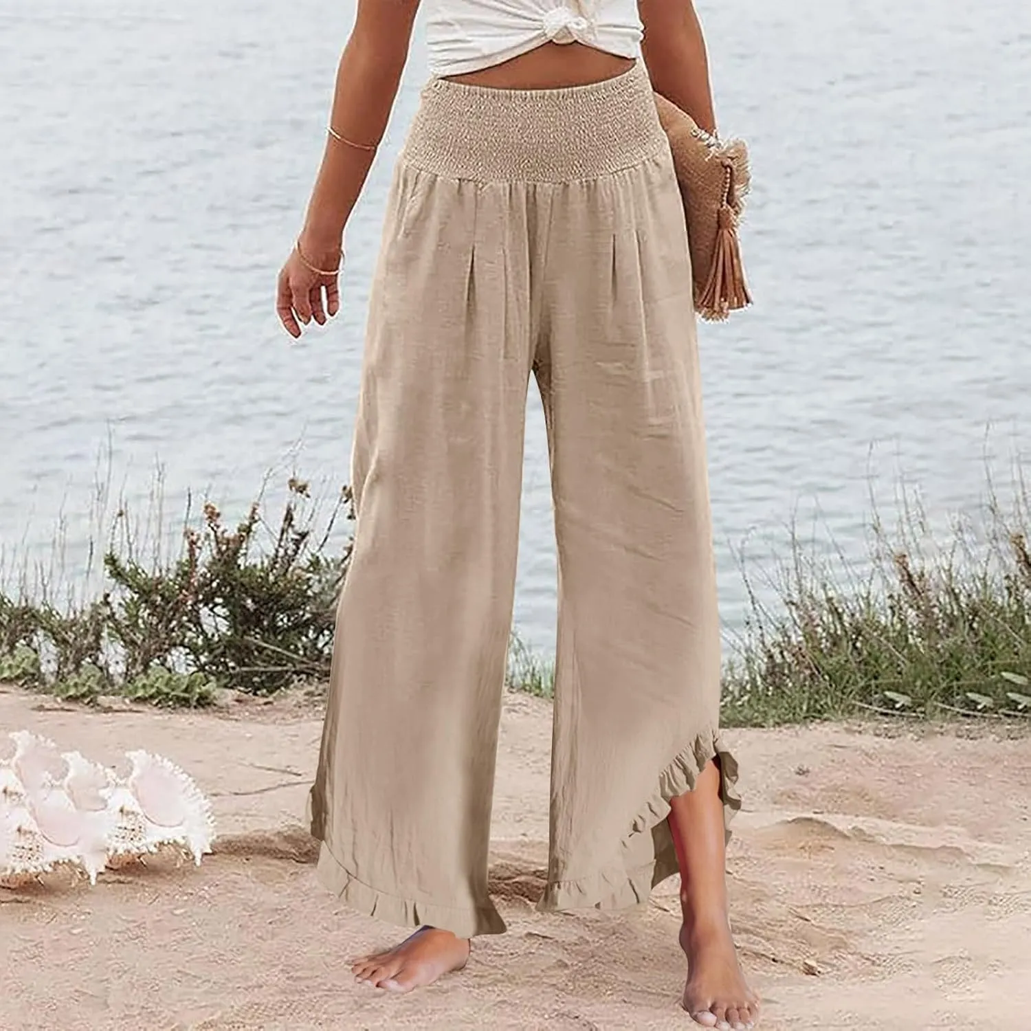 Women's Linen Palazzo Pants Summer Casual Vacation High Waist Wide Leg Trousers Trendy Lounge Pant with Pockets