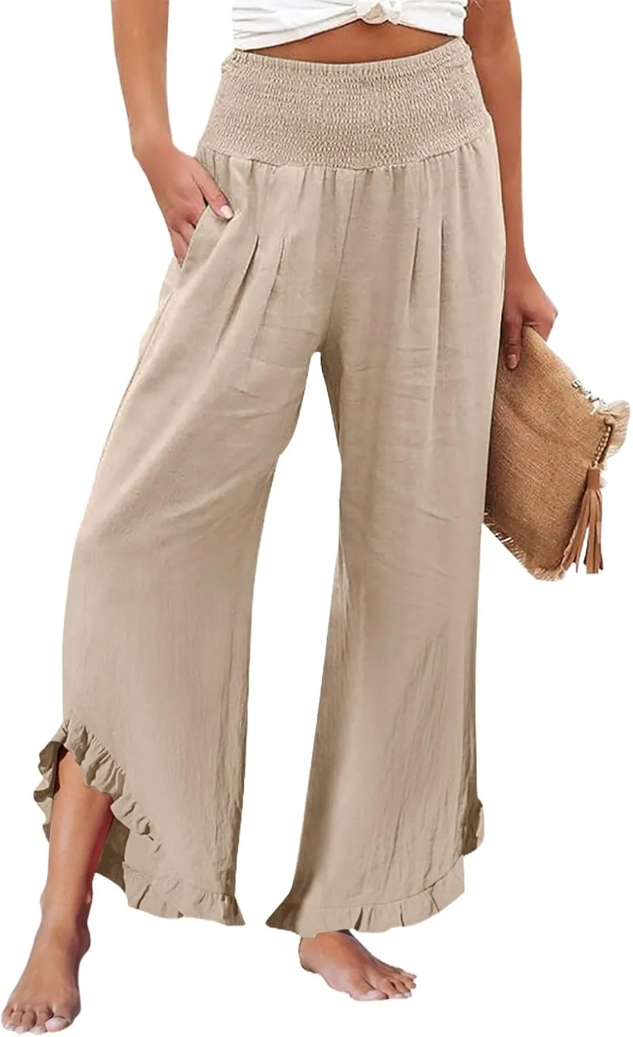 Women's Linen Palazzo Pants Summer Casual Vacation High Waist Wide Leg Trousers Trendy Lounge Pant with Pockets