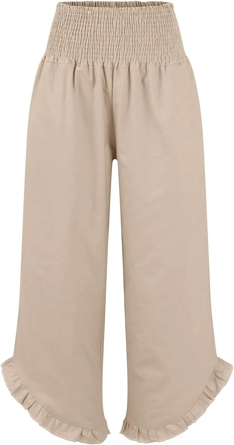 Women's Linen Palazzo Pants Summer Casual Vacation High Waist Wide Leg Trousers Trendy Lounge Pant with Pockets