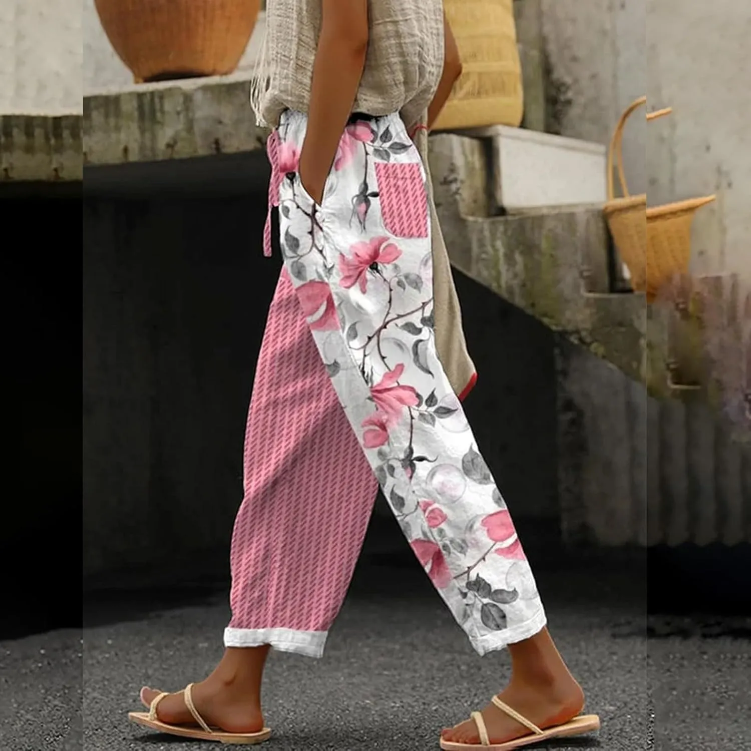 Womens Linen Pants,2025 Summer High Waist Elastic Straight Leg Lounge Pant Casual Loose Lightweight Beach Trousers