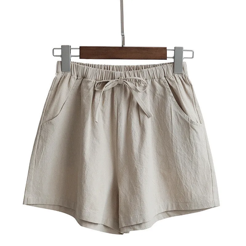 Women's Plus size, High waist Cotton Linen Casual Loose Shorts for Summer