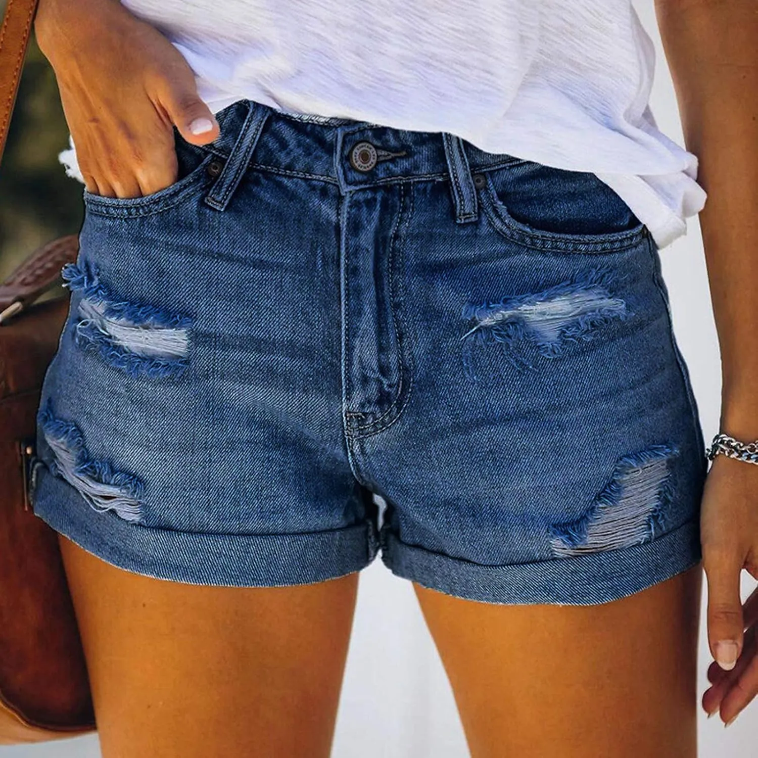 Womens Sexy Hole Denim Shorts Mid Rise Stretchy Pure Color Casual Boyfriend Jeans Shorts Rolled Up Hem Slim Shorts
