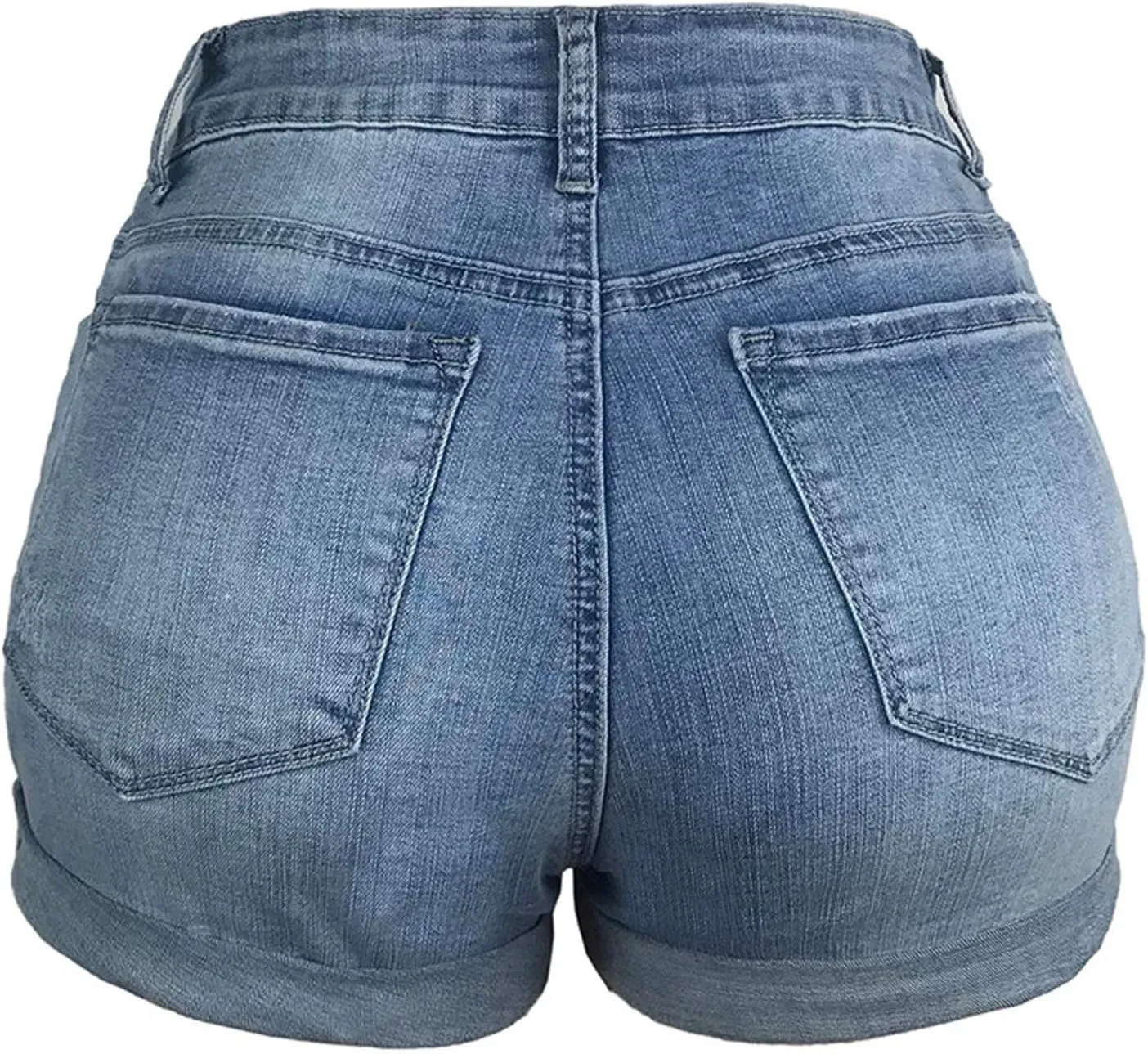 Womens Sexy Hole Denim Shorts Mid Rise Stretchy Pure Color Casual Boyfriend Jeans Shorts Rolled Up Hem Slim Shorts