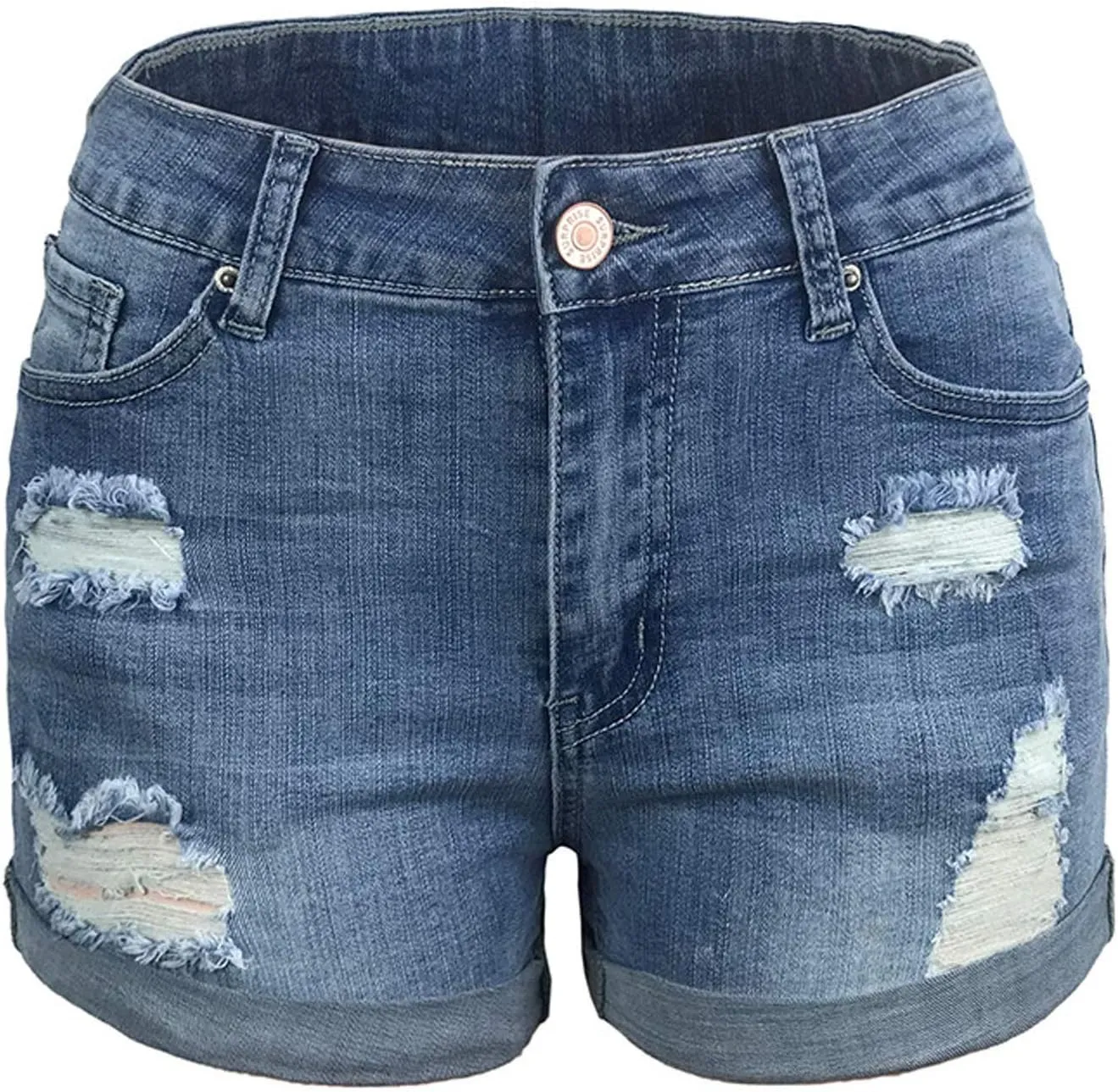 Womens Sexy Hole Denim Shorts Mid Rise Stretchy Pure Color Casual Boyfriend Jeans Shorts Rolled Up Hem Slim Shorts