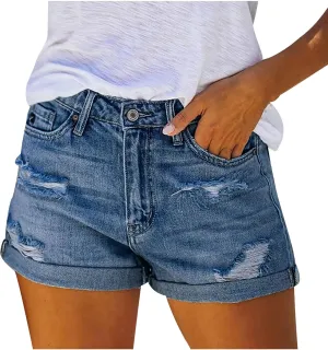 Womens Sexy Hole Denim Shorts Mid Rise Stretchy Pure Color Casual Boyfriend Jeans Shorts Rolled Up Hem Slim Shorts