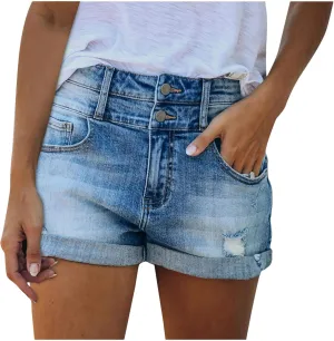 Womens Sexy Hole Denim Shorts Mid Rise Stretchy Solid Cute Vintage Jeans Shorts Rolled Hem Slim Shorts