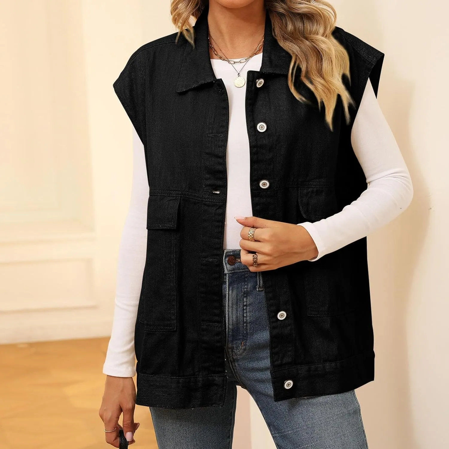 Womens Vintage Denim Jean Vest Oversized Button Down Sleeveless Lapel Collar Waistcoat Jean Vest Top with Pockets