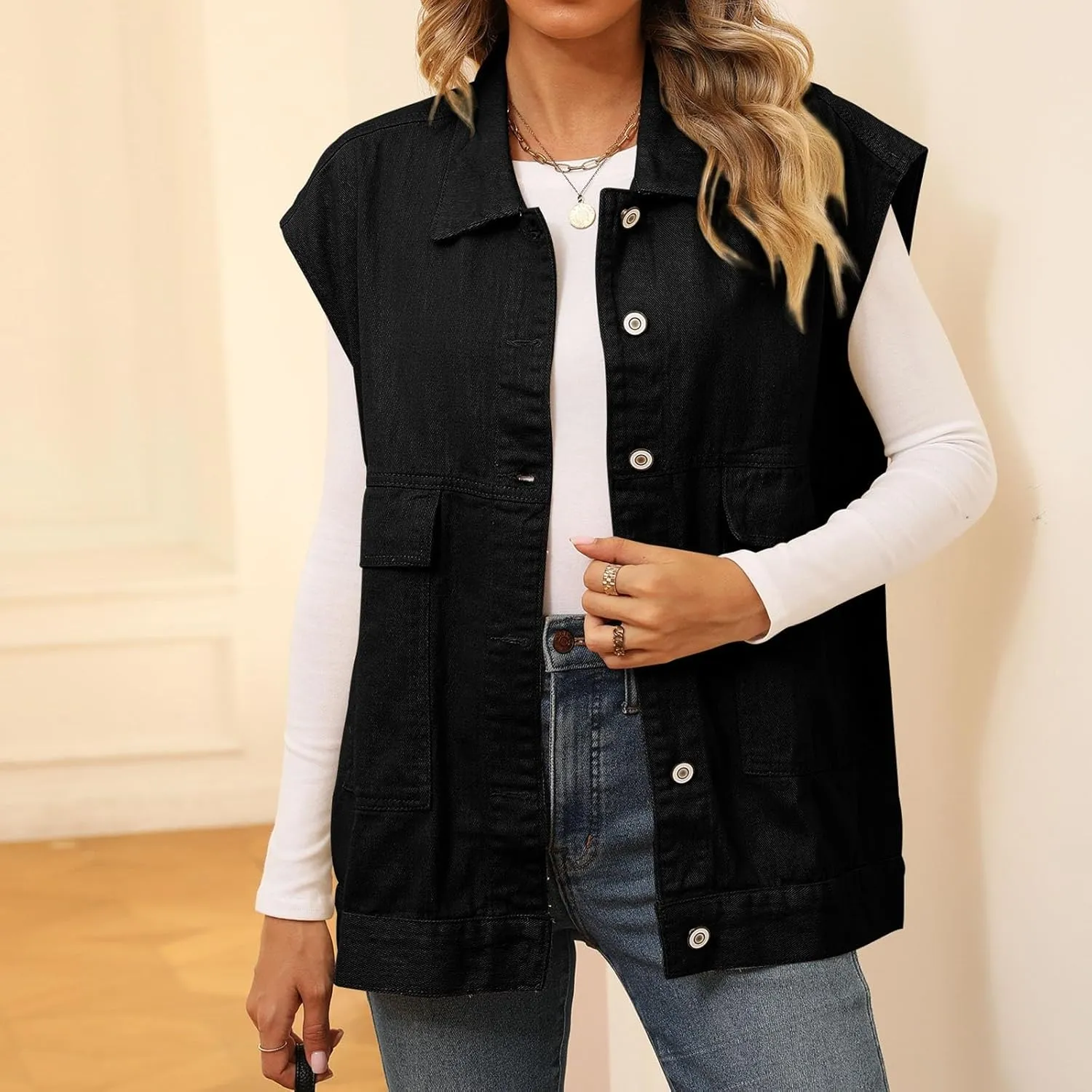 Womens Vintage Denim Jean Vest Oversized Button Down Sleeveless Lapel Collar Waistcoat Jean Vest Top with Pockets