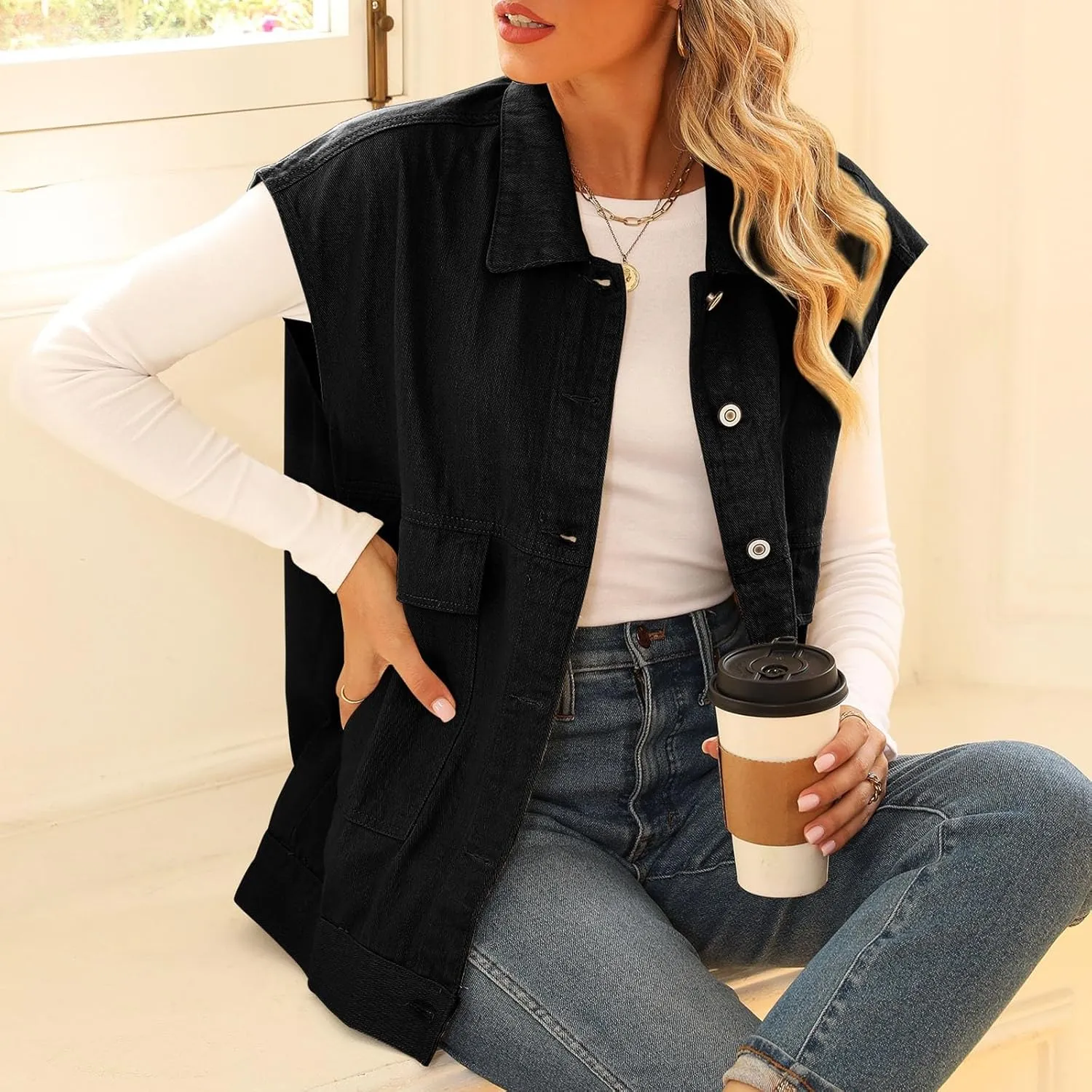Womens Vintage Denim Jean Vest Oversized Button Down Sleeveless Lapel Collar Waistcoat Jean Vest Top with Pockets
