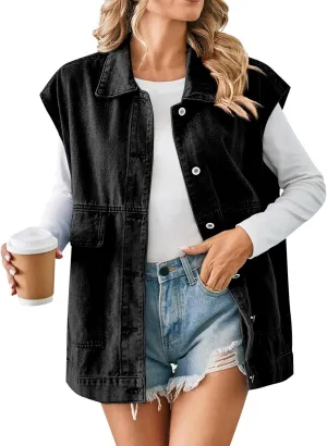 Womens Vintage Denim Jean Vest Oversized Button Down Sleeveless Lapel Collar Waistcoat Jean Vest Top with Pockets